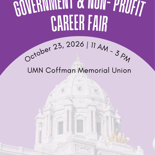 Government & Non-Profit Career Fair, October 23, 2026, 11 a.m.–3 p.m. at UMN Coffman Memorial Union. Questions: askcareer@stkate.edu. Flyer features a faded image of the Minnesota State Capitol.