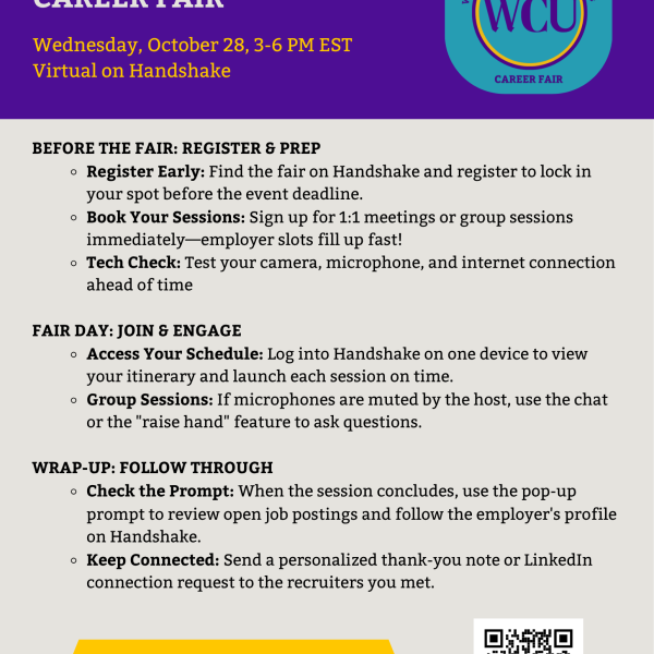 Historical Women’s Colleges + Universities Career Fair, Wednesday, October 28, 3–6 p.m. EST, virtual on Handshake. Flyer provides tips to register early, book sessions, test technology, participate during the fair, review job postings, and follow up with recruiters. Register on Handshake via the QR code.
