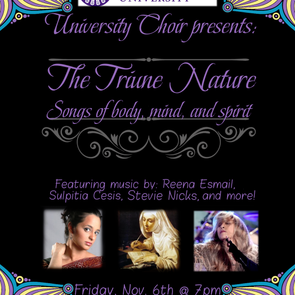 St. Catherine University Choir presents The Triune Nature: Songs of Body, Mind, and Spirit, featuring music by Reena Esmail, Sulpitia Cesis, Stevie Nicks, and more. Friday, Nov. 6 at 7 p.m., Recital Hall, 2004 Randolph Ave. Free admission