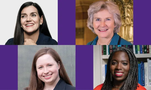 Four photos of women, stacked 2x2, with a purple background in between