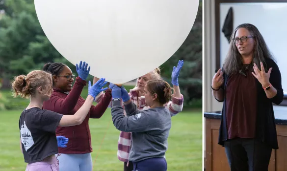 A side-by-side photo. Left: four students holding a large balloon. Right: Kelly Weinersmith, PhD.