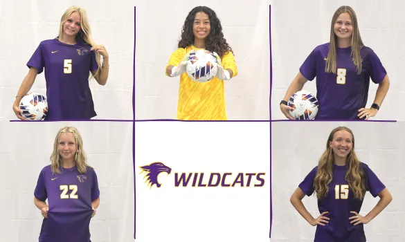 Grid with five squares depicting Wildcat student-athletes posing for photos, and bottom center square featuring the Wildcat logo.