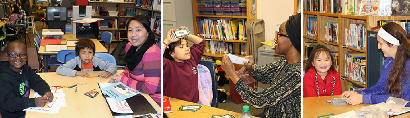 Three photos of students working on reading skills with children