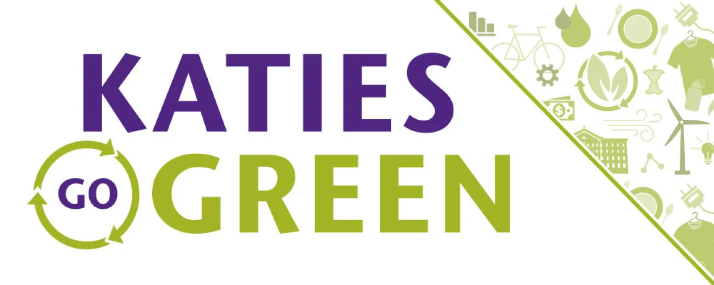 Katies Go Green, followed by various icons symbolizing ways to go green: a wind turbine, a bicycle, a light bub, water drop icons, etc.