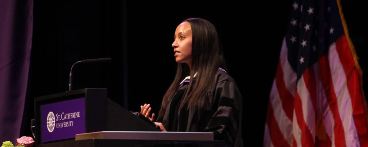 The 2016 Spring Commencement keynote speaker was Haben Girma, first deafblind graduate of Harvard Law School and outspoken advocate for disability rights, more inclusive communities and better education for deafblind people worldwide.