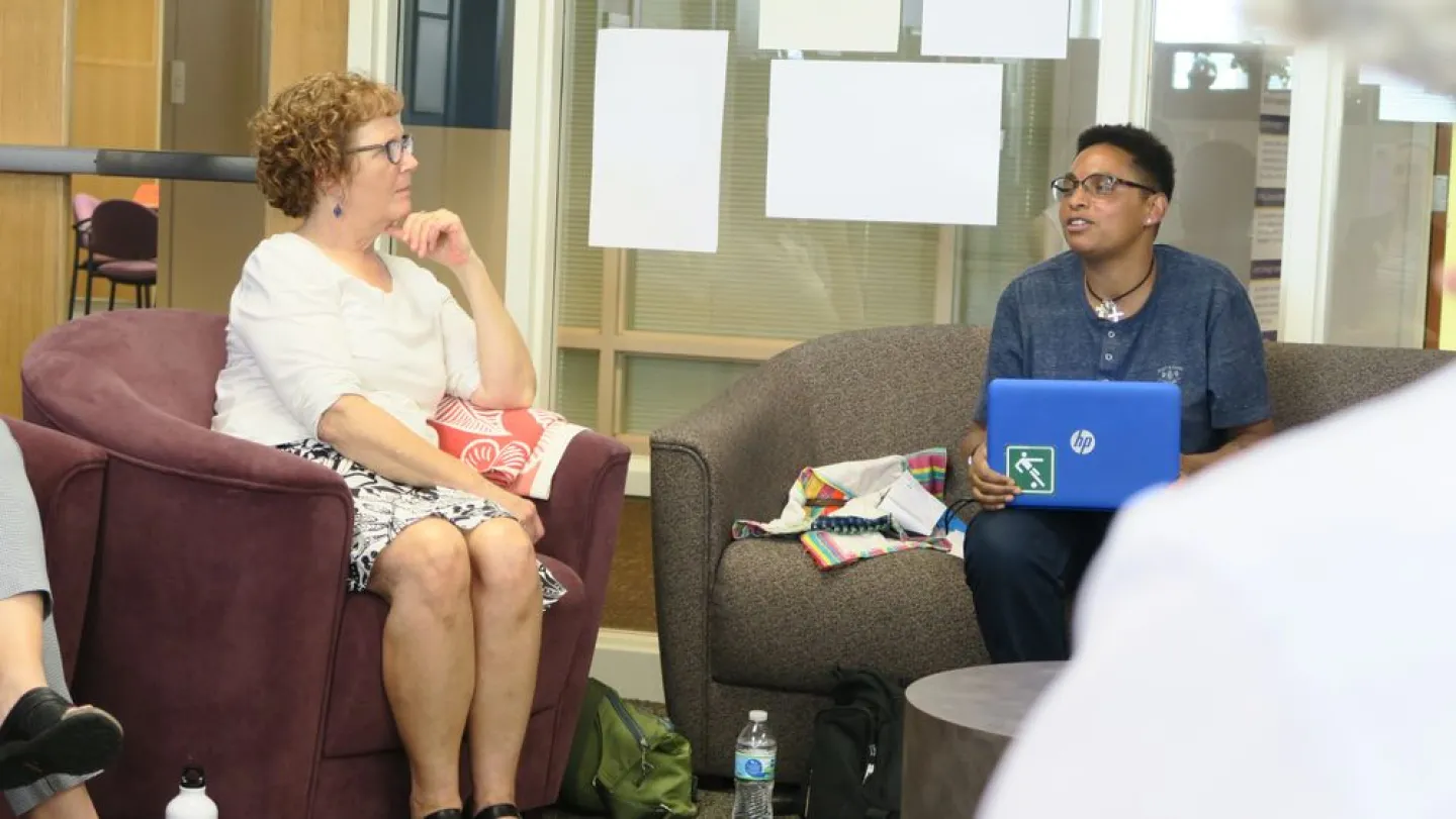 St. Kate's art professor Carol Chase (left) and visiting artist Mihret Kebede Alwabie. Photo by Pauline Oo.