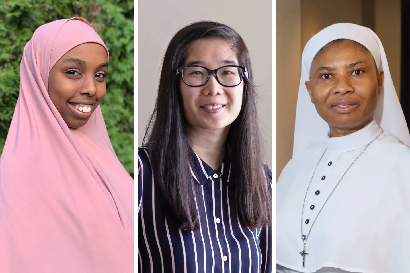 Headshots of Master of Public Health in Global Health students, Nastehakeyf Sheikhomar MPH’22 (in pink) and Vy Phung MPH’21 (in stripes), and Assistant Professor of Public Health Sr. Angela Ekwonye, PhD (in white)