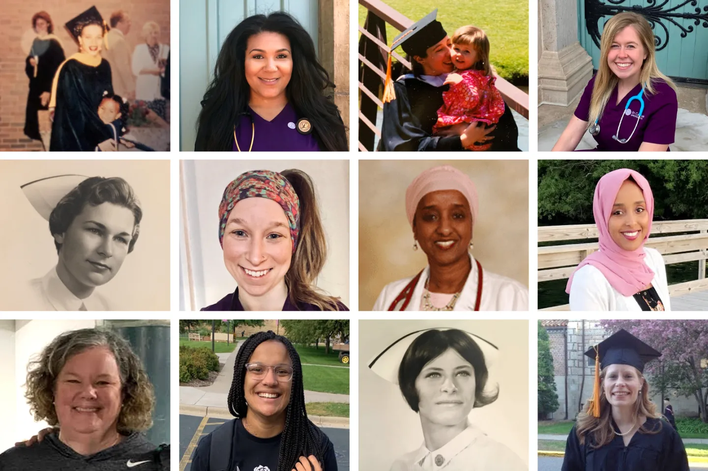 Grid of 12 portraits: Multi-Generational Families of St. Catherine University of Nursing Graduates