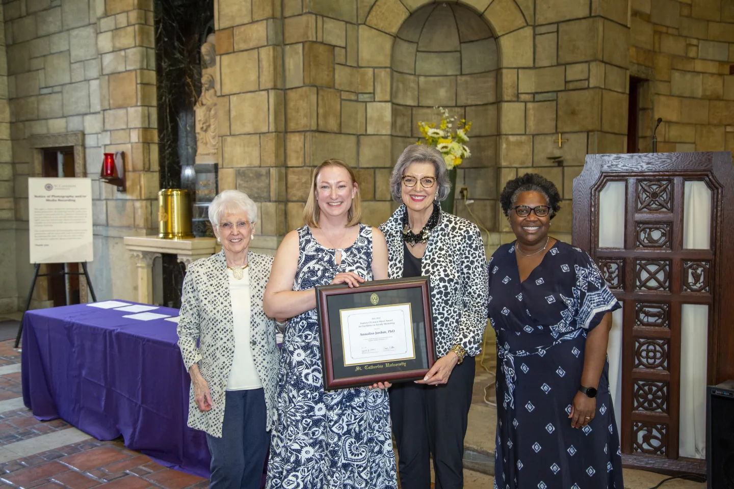 Photo, left to right: Patricia O'Connor Myser; Annalisa Jordan, associate professor of chemistry and 2022 Myser Award recipient; Becky Roloff, St. Catherine University president; Anita Thoms, St. Catherine University provost; CN Cindy Norton