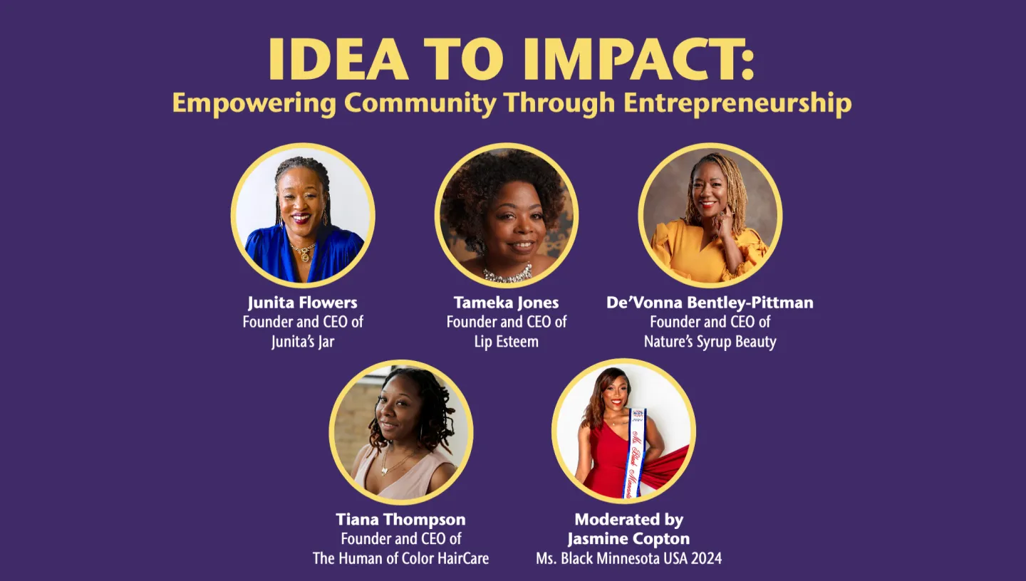 Idea to Impact: Empowering Community Through Entrepreneurship - Photos of all speakers on purple background