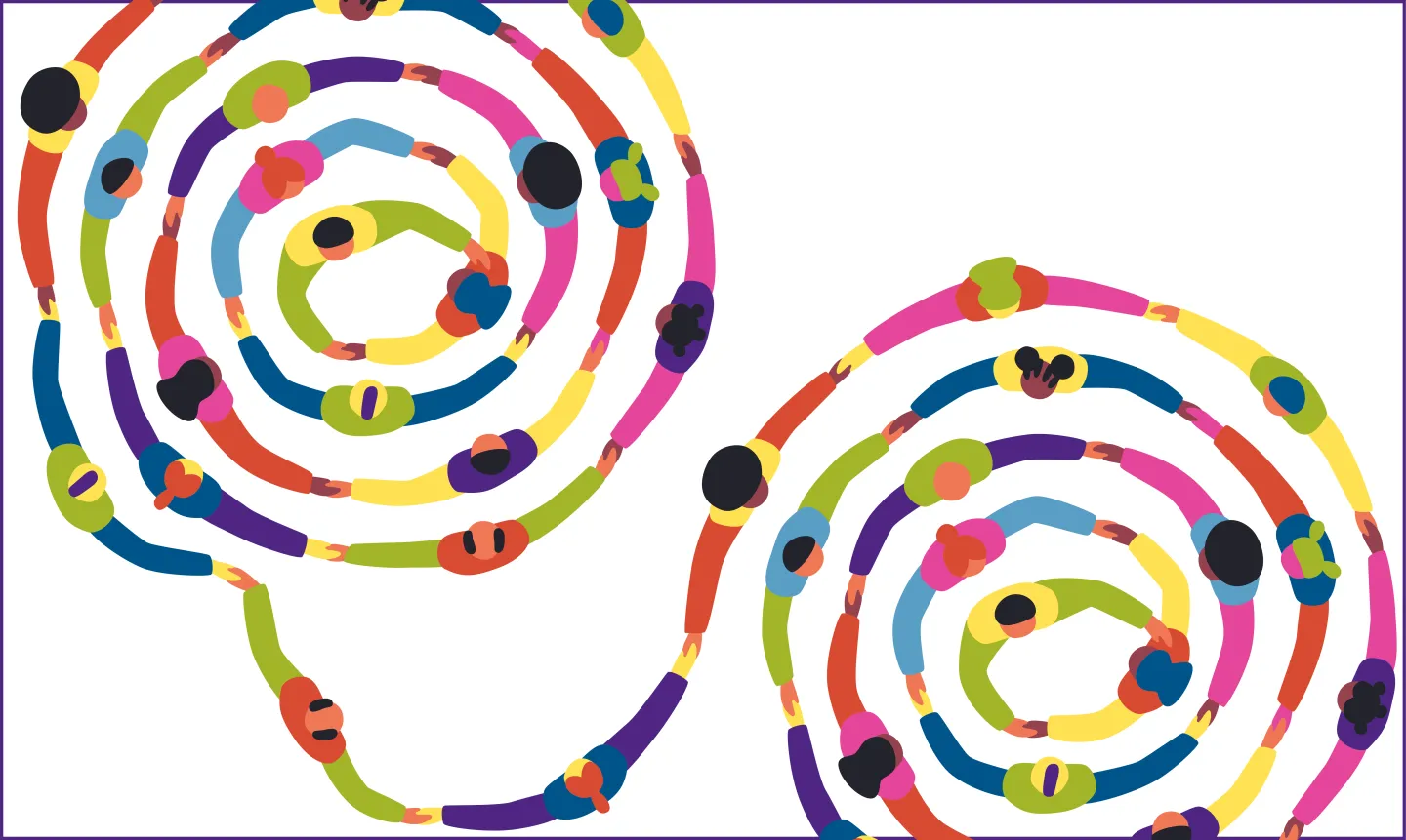 A colorful graphic of cartoon people holding hands so that they form spirals