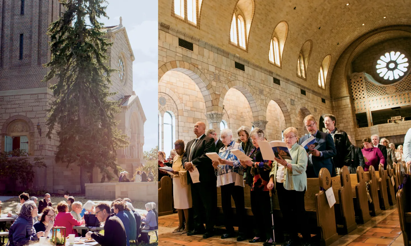 Side-by-side photo: on the left, there is a group of people seated in the Chapel lawn, and on the right, there are people singing inside the Chapel.