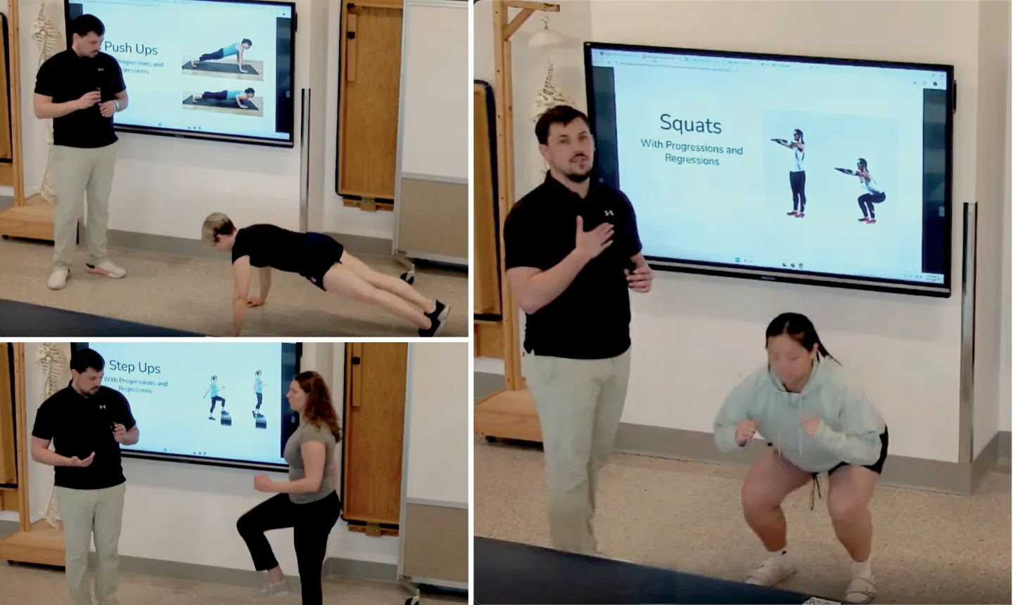 Three side-by-side photos of students in front of a screen recreating exercises