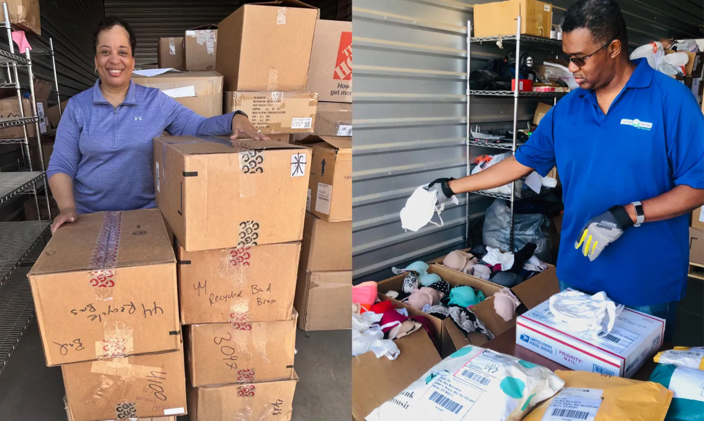 On the left, a woman stands behind a stack of cardboard boxes. On the right, a man sorts through piles of donated bras in boxes.