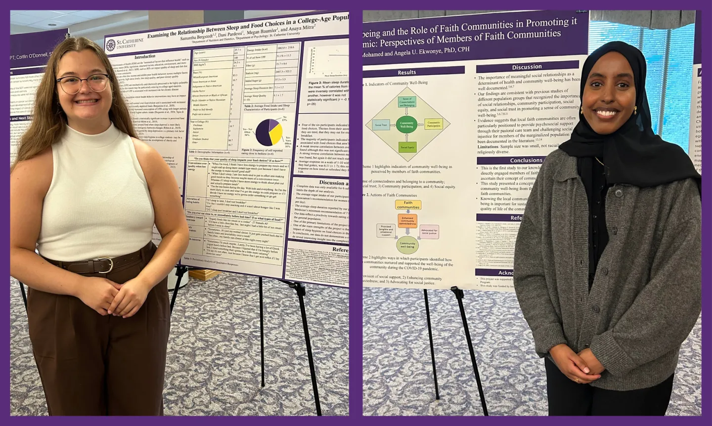 Two students stand by posters with their research.