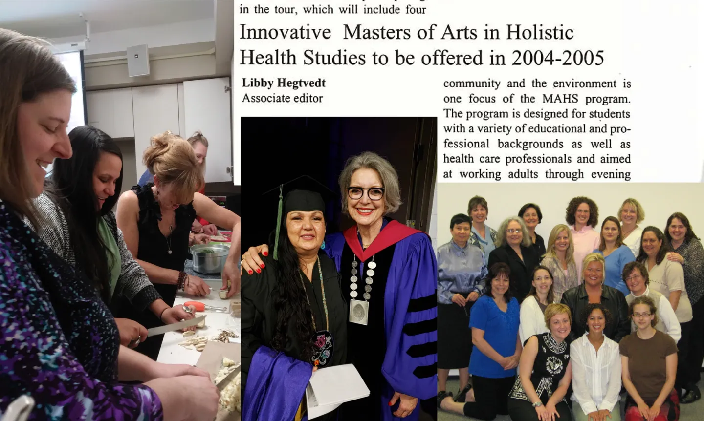 Collage of photos of holistic health students and newspaper clipping about the program