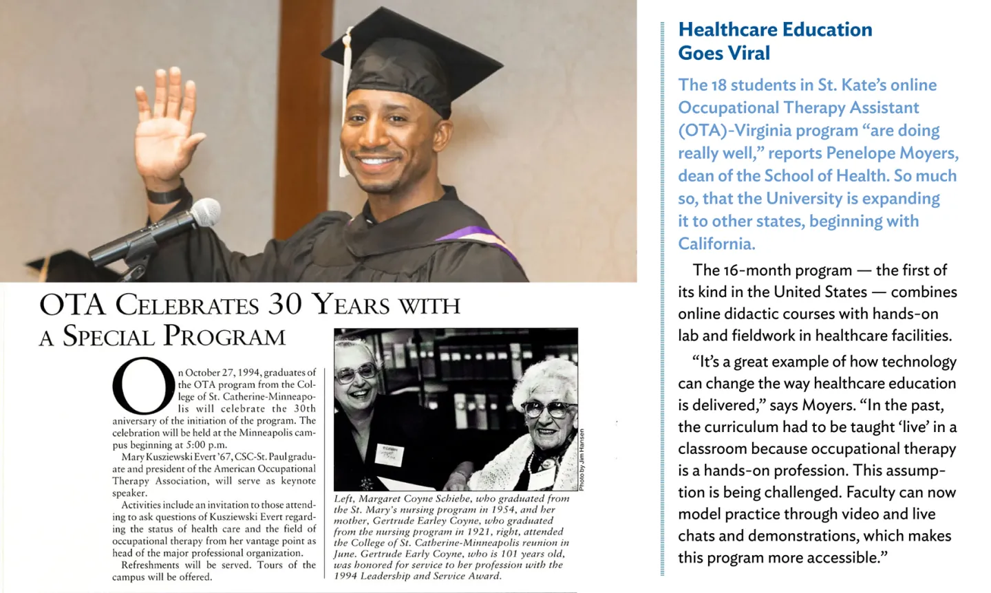 A collage of photos and news stories about the occupational therapy assistant program throughout the decades