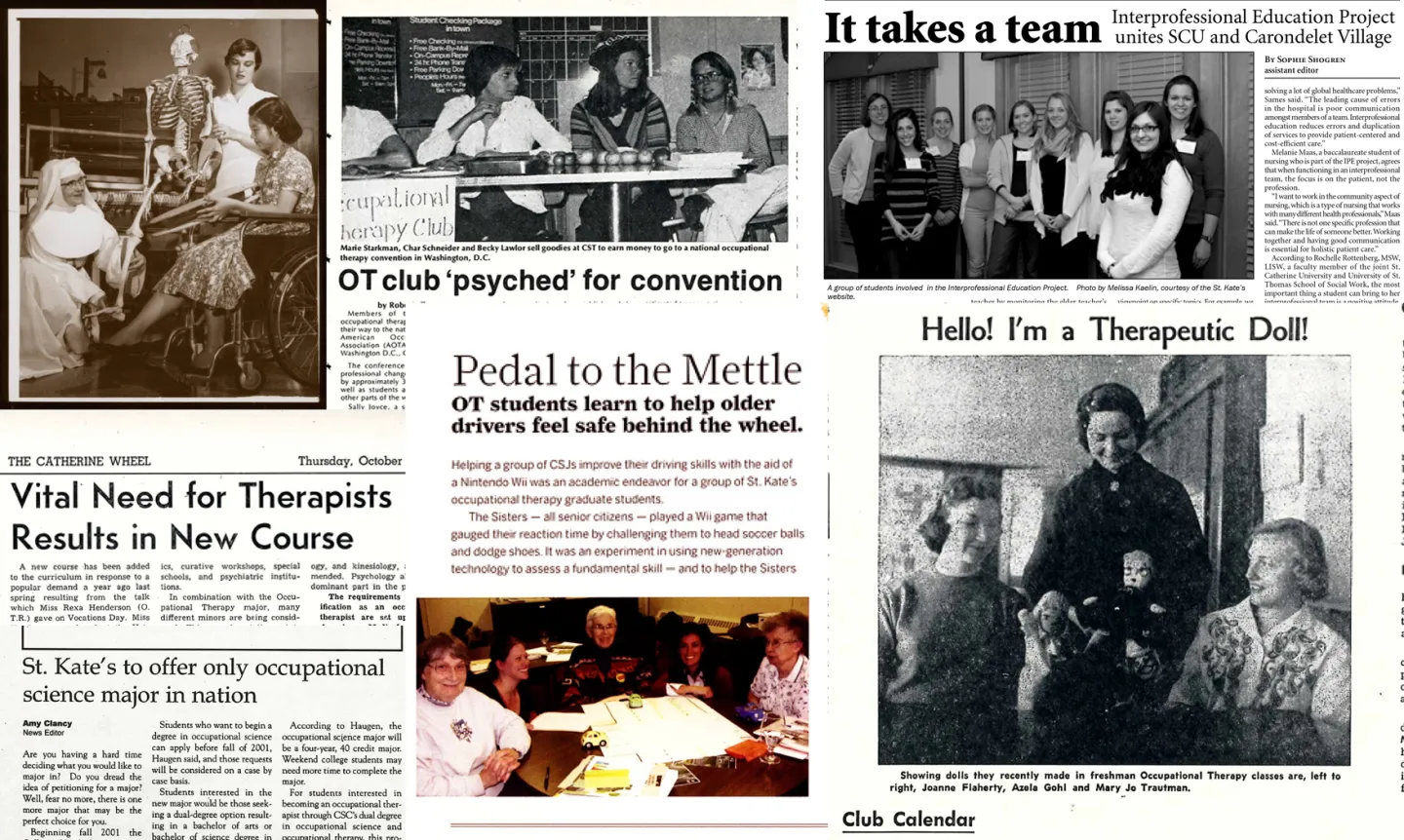 A collage of news stories about St. Kate's occupational therapy throughout the decades