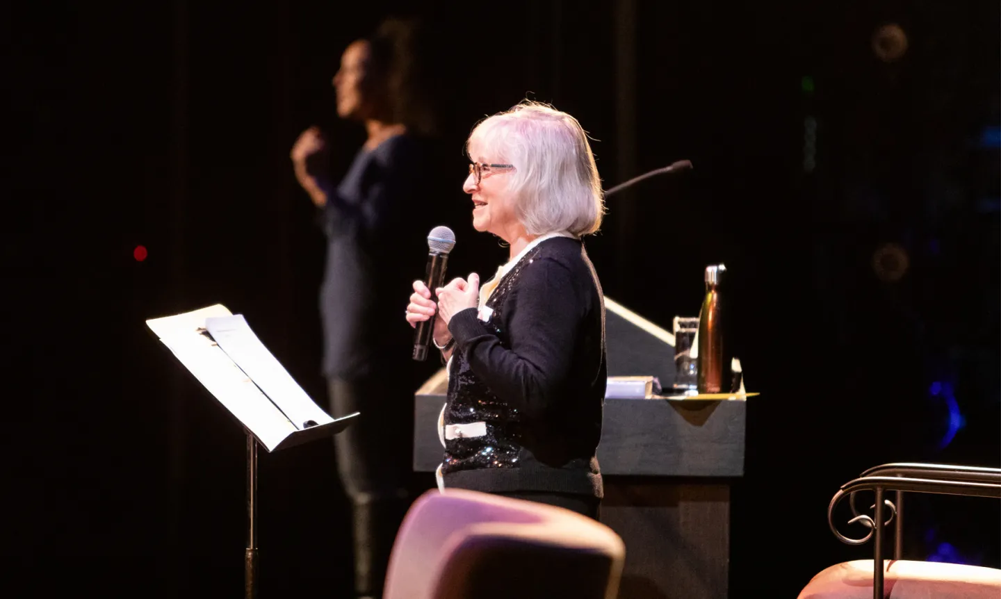 Janet Horvath speaks onstage at The O'Shaughnessy