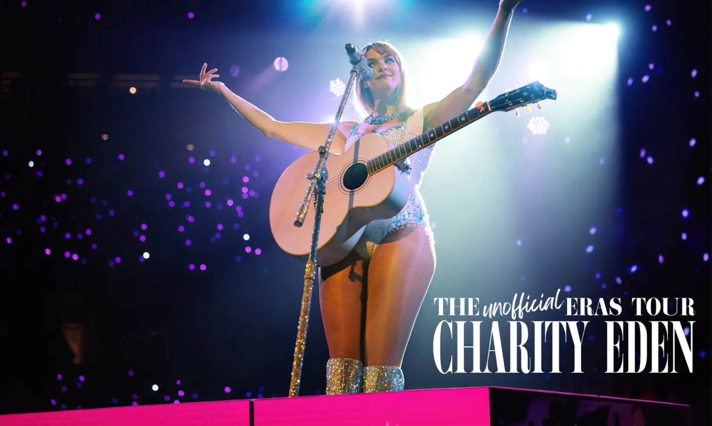Photo of Taylor Swift tribute artist standing on stage with guitar. Text reads: "The Unofficial Eras Tour: Charity Eden"