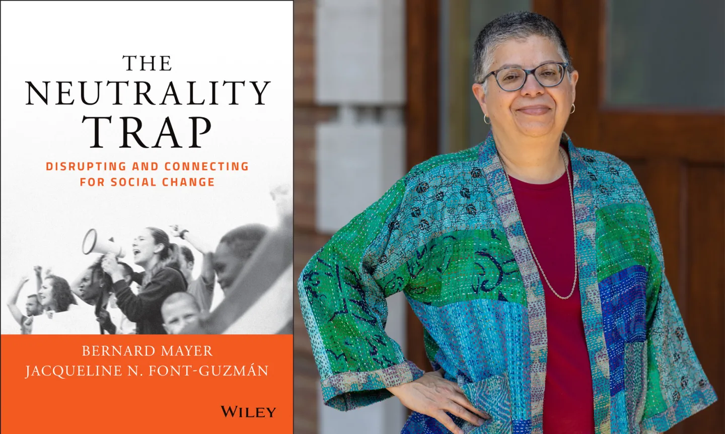 Cover of The Neutrality Trap next to portrait of Jacqueline N. Font-Guzmán
