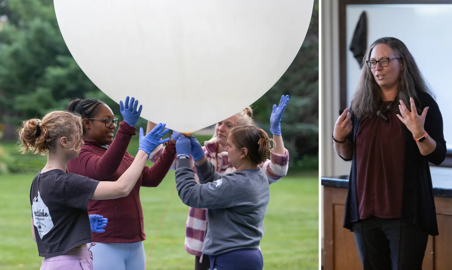 A side-by-side photo. Left: four students holding a large balloon. Right: Kelly Weinersmith, PhD.