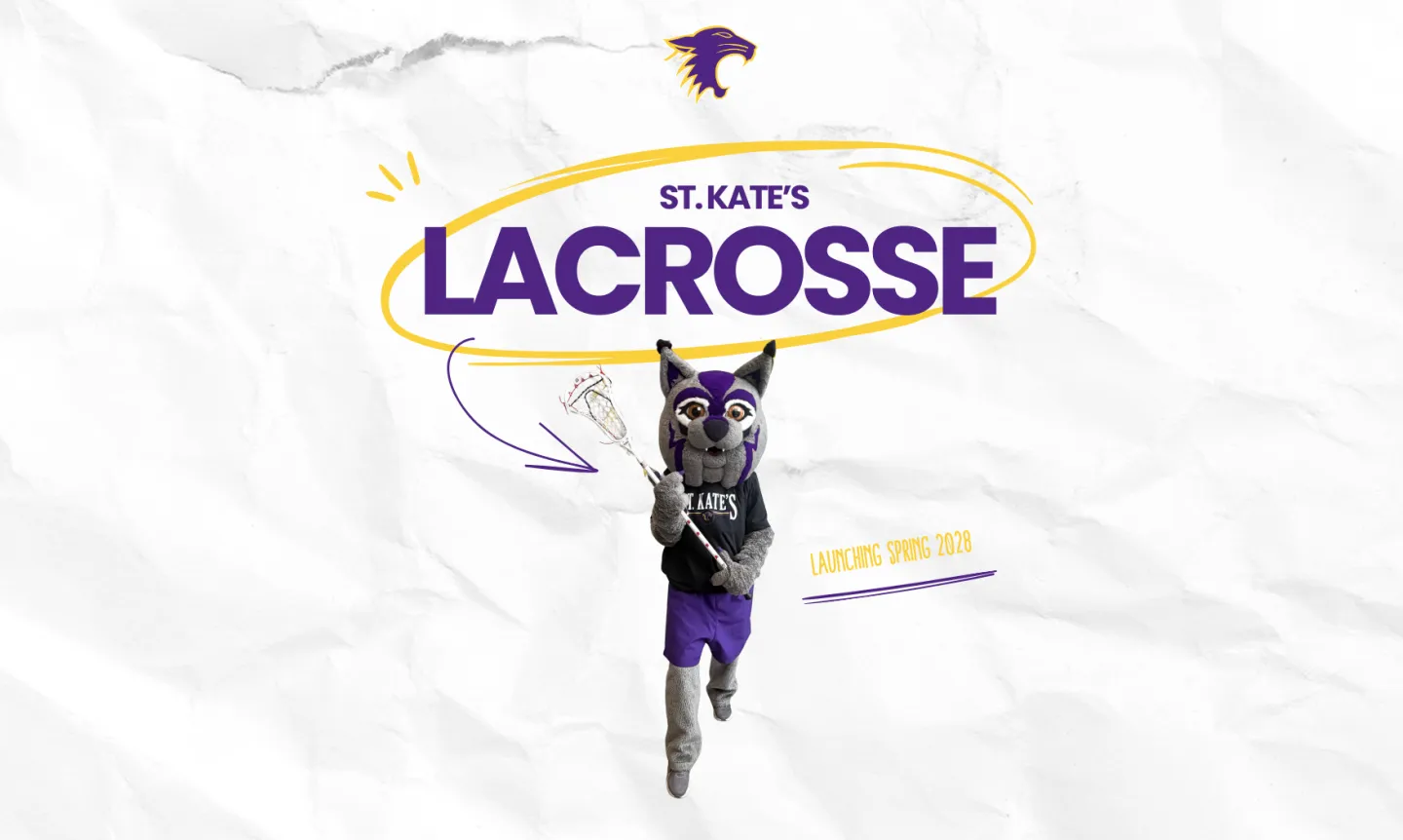 Photo of KatieCat mascot holding lacrosse stick, with purple text that reads, "St. Kate's Lacrosse"