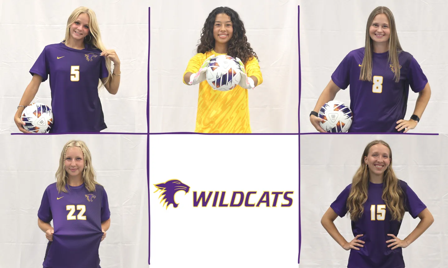 Grid with five squares depicting Wildcat student-athletes posing for photos, and bottom center square featuring the Wildcat logo.