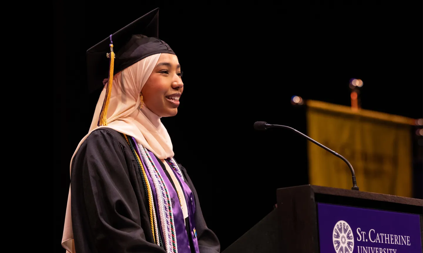 Lalisse Burka ’26, College for Women Commencement speaker at the podium