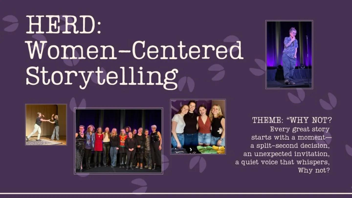 Image for HERD: Women-Centered Storytelling. Images of storytellers on a purple background