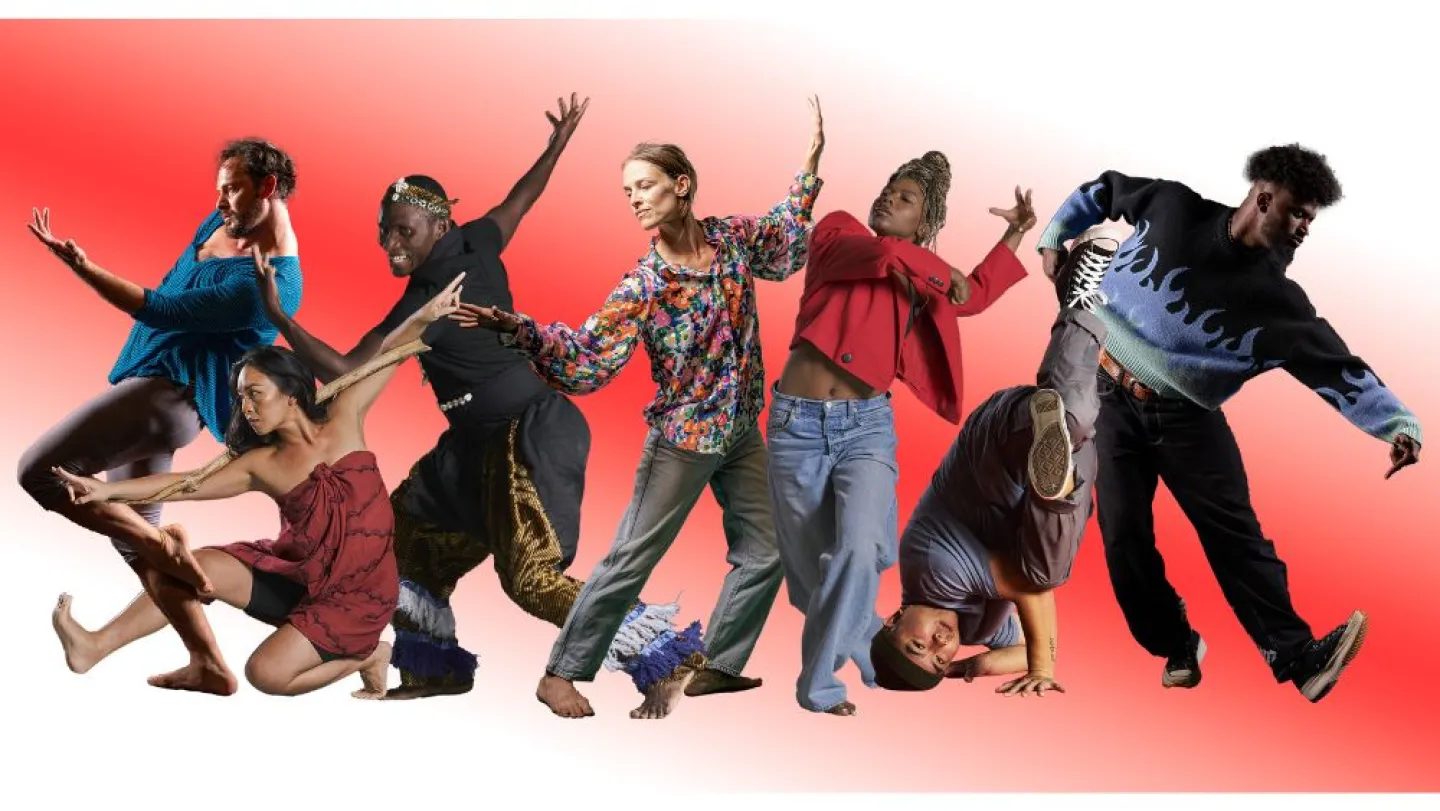 Image of dancers on red and white background.