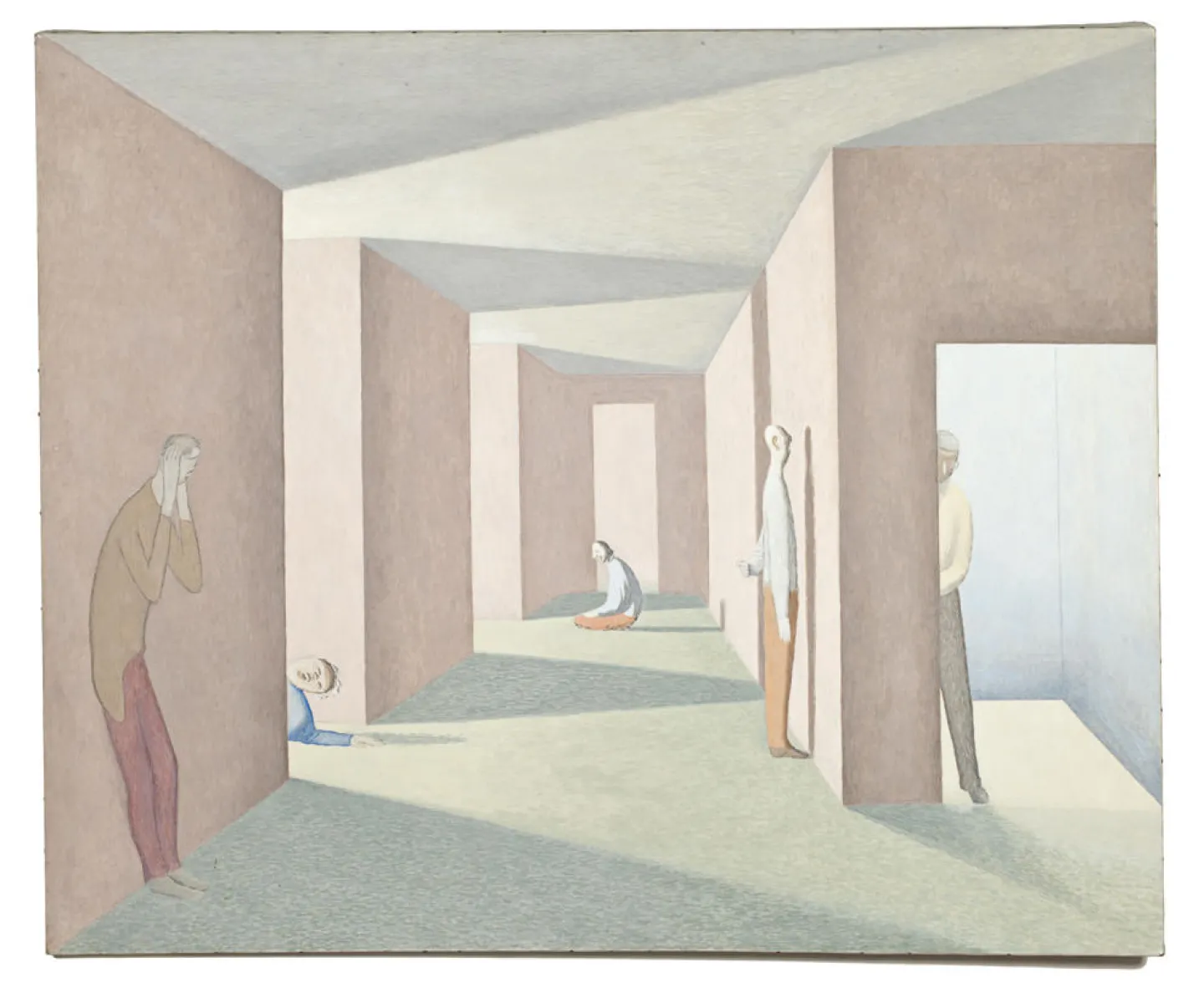 A painting of a hallway in muted colors. Light pours in from doorways/openings into the hallway, casting shadows in geometric patterns. There are flattened human figures, some leaning against walls, one kneeling, and one lying down.