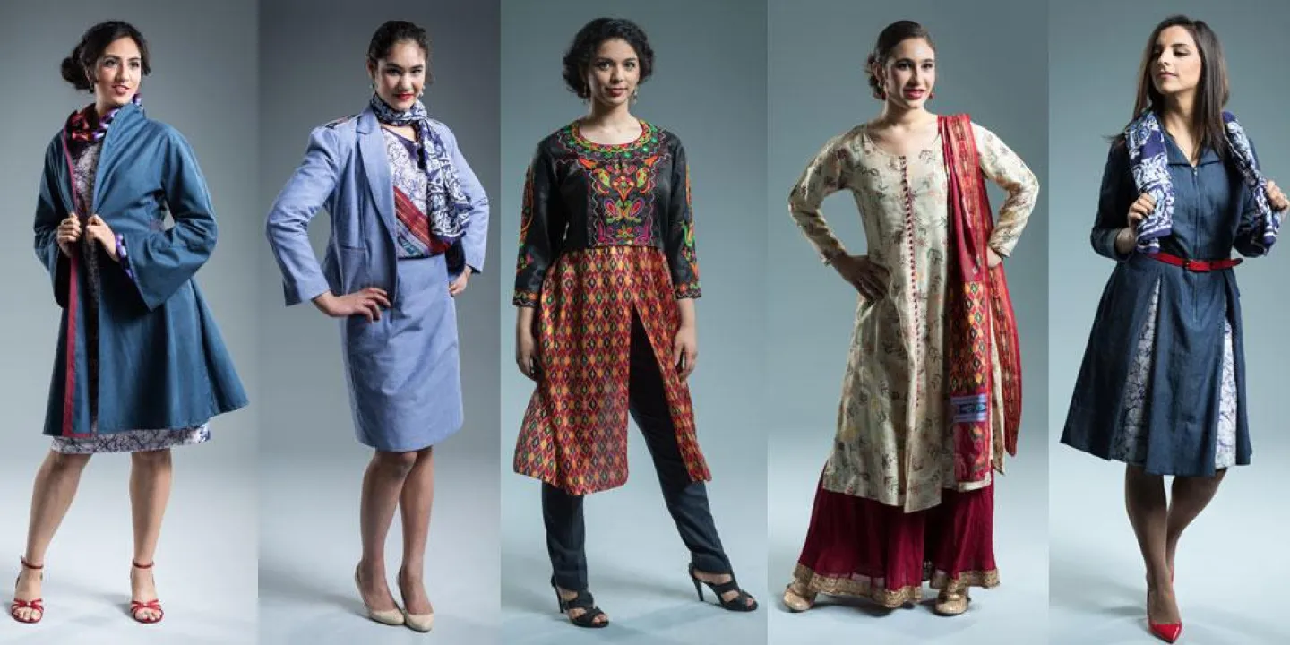 Five of the six looks from Anupama Pasricha's R.I.S.E. Collection (Repurposed. Indian. Sustainable. Eco-friendly.). Photos by BobbiLe Nadiaye Photography