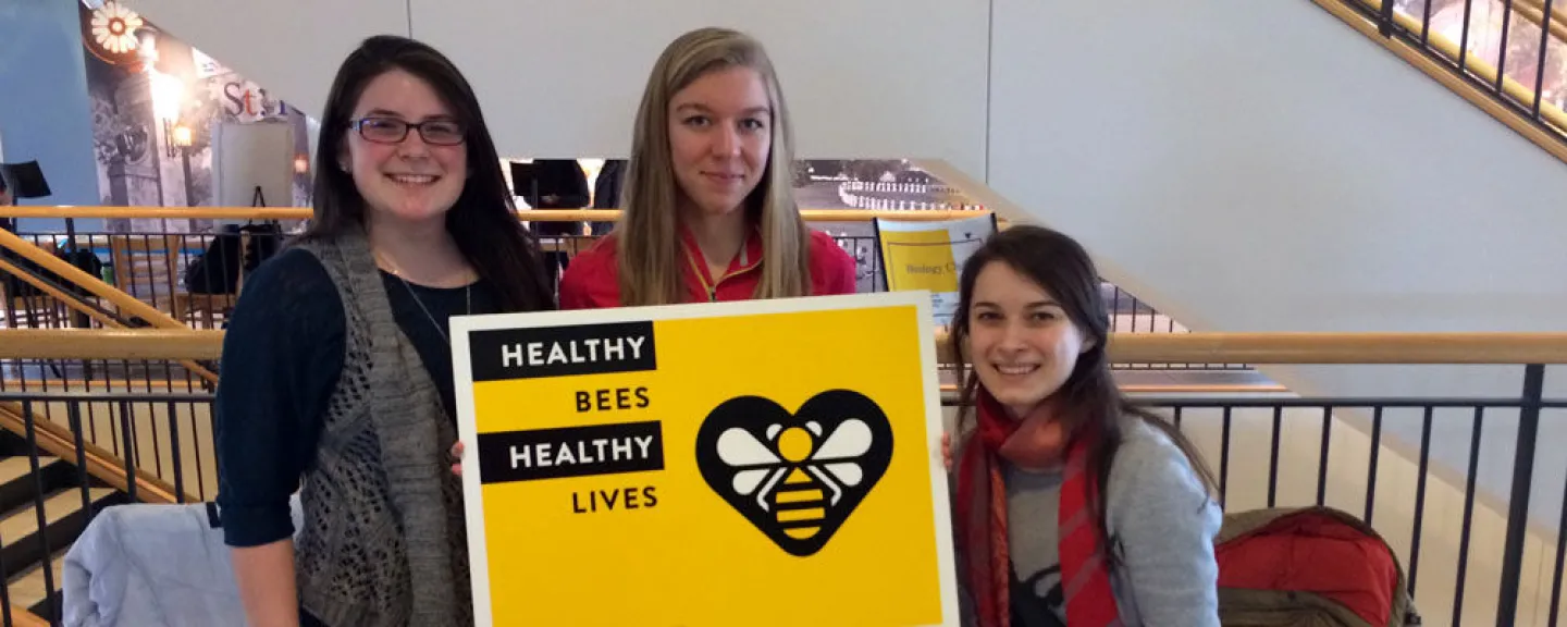 BioClub's Nicole Szyszka '17, Annette Hayes '17 and Lauren Webster '18 are a few of the "beeople" behind St. Kate's apiary partnership. Photo by Sharon Rolenc