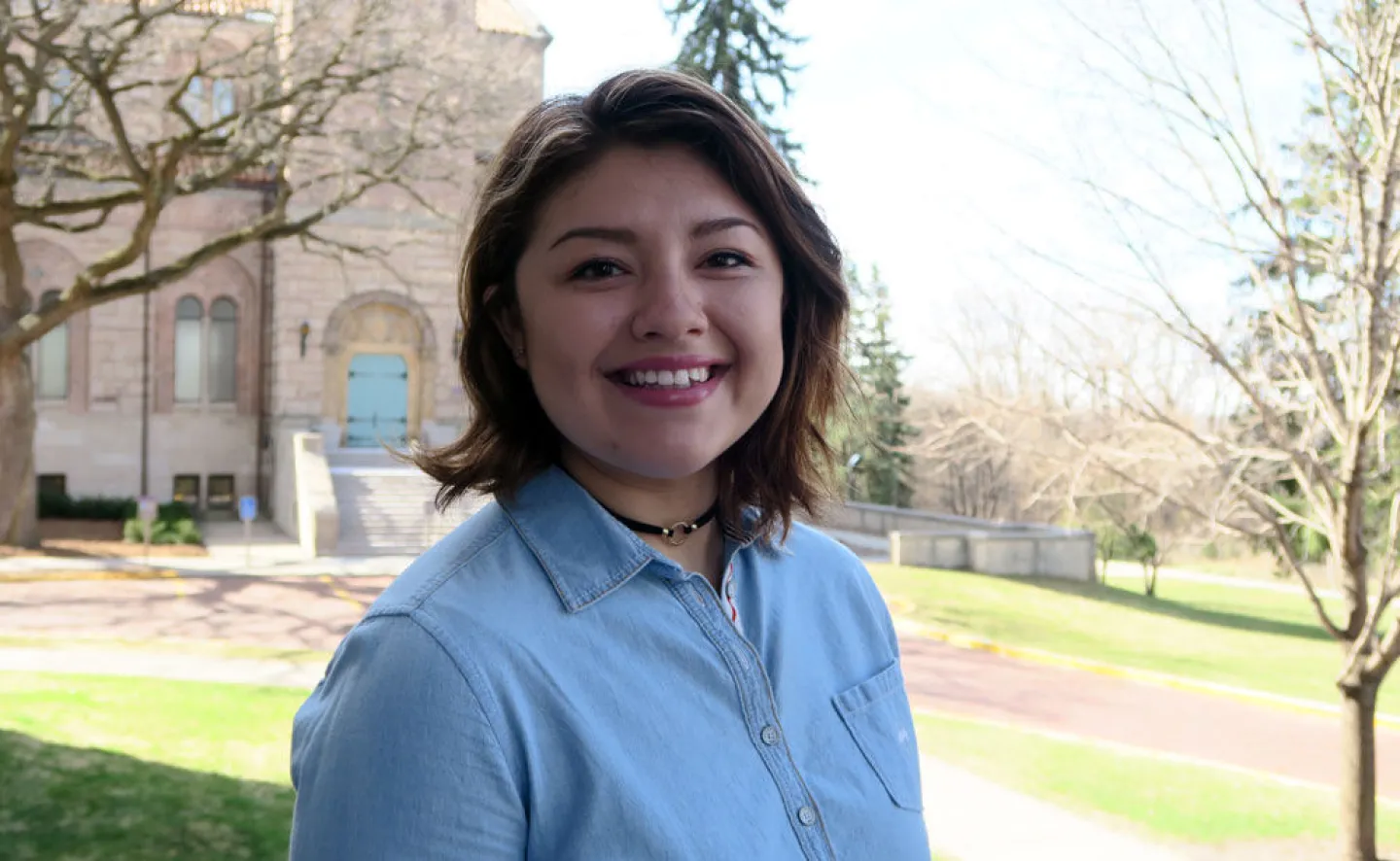 In 2017, political science major Andrea Duarte '19 was recently selected as one of six Minnesota private college students to receive the prestigious $16,500 Phillips Scholarship. She aims to capture Latino immigrant stories to influence public policy efforts and build community understanding. Photo by Sharon Rolenc