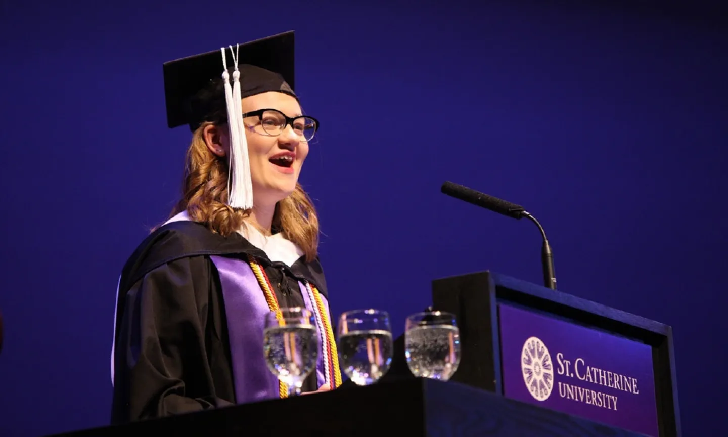 Lauren Crepeau '16 delivers a heartfelt winter commencement address on leadership and social justice on December 21, 2016. A double major in communication studies and English, with a minor in women's studies, Crepeau is a DupliKate and the fourth in her family to attend St. Kate's. After graduation, Crepeau intends to "move people to action" and always stand for social justice. Photo by Rebecca Zenefski '10 / By Rebecca Studios
