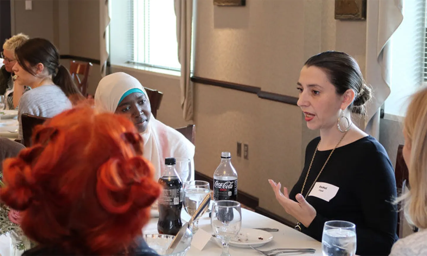 Rachel Lloyd speaks with students at the Kelly Scholar student luncheon. Photo by Michelle Mullowney '17