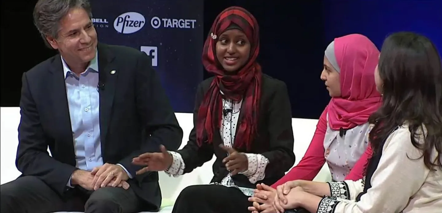 U.S. Deputy Secretary of State Tony Blinken, Zaynab Adbi '20, Muzoon Almellehan and Malala Fund Director Meighan Stone discuss access to education at the Social Good Summit. Photo courtesy of Zaynab Abdi.